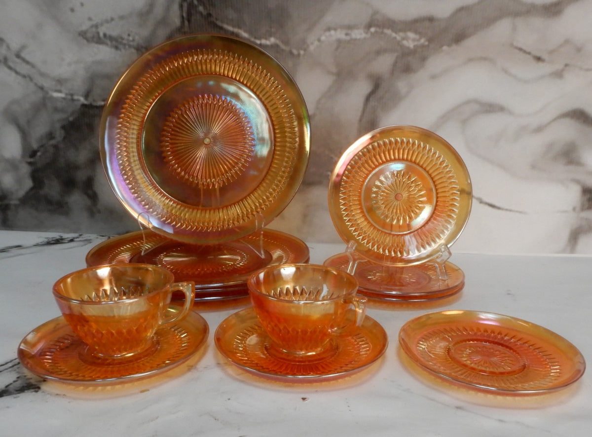 Vintage 12 Pc. Sunburst Iridescent Marigold Jeanette Glass Anniversary Pattern