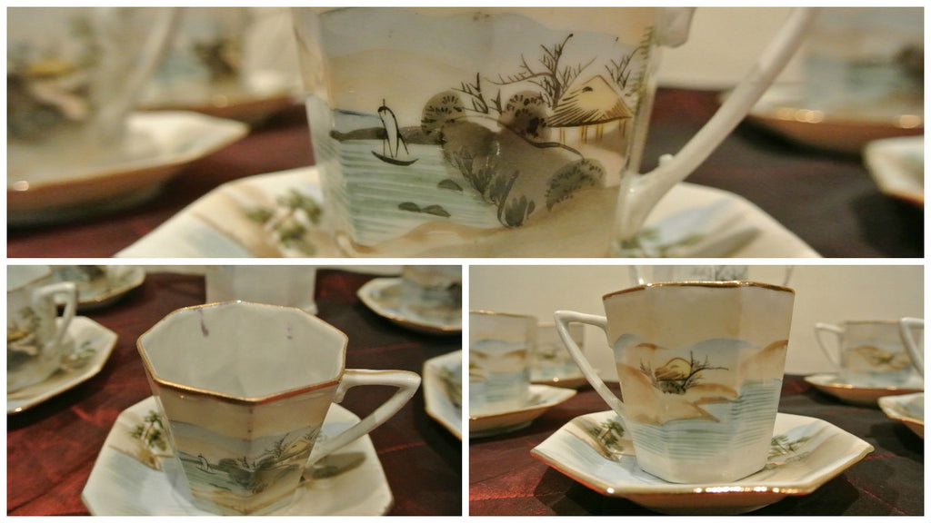 Vintage TE-OH China Tea/Coffee Pot w/ 5 Cups and Saucers Hand Painted Oriental