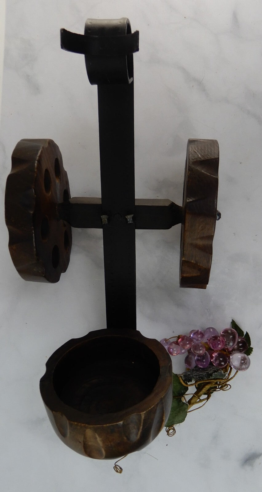 Vintage Cast Iron and Wood Wine Cannon Bottle Holder Made in Spain