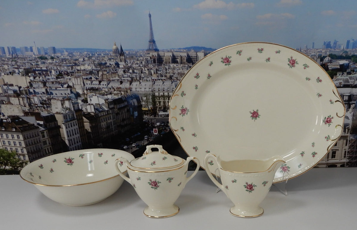 Vtg. Homer Laughlin Eggshell Georgian Rambler Rose Platter, Bowl,Sugar & Creamer