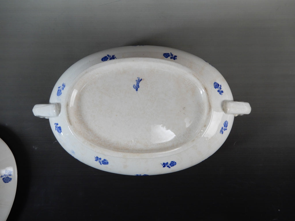 Antique GEFLE Porcelain Soup Tureen, Blue Rose Motif, Swedish Transferware