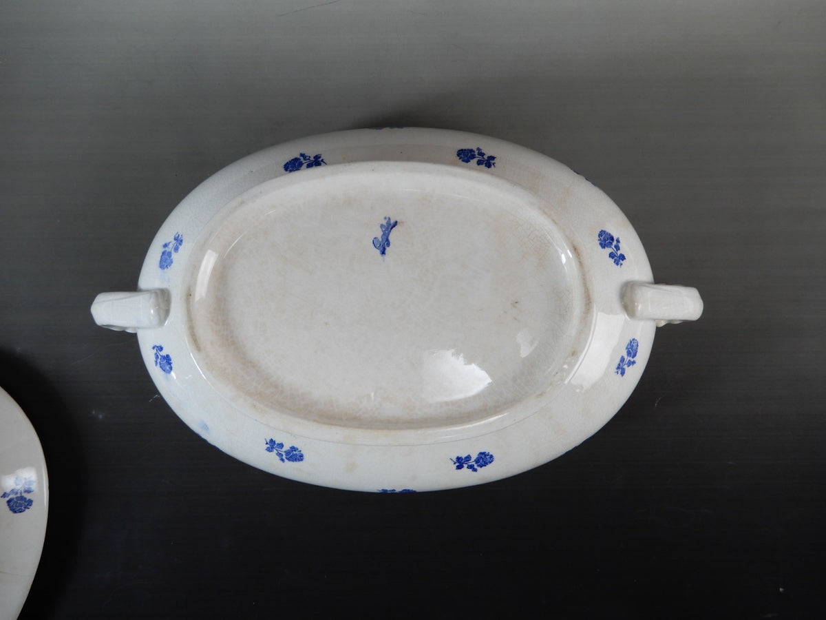 Antique GEFLE Porcelain Soup Tureen, Blue Rose Motif, Swedish Transferware
