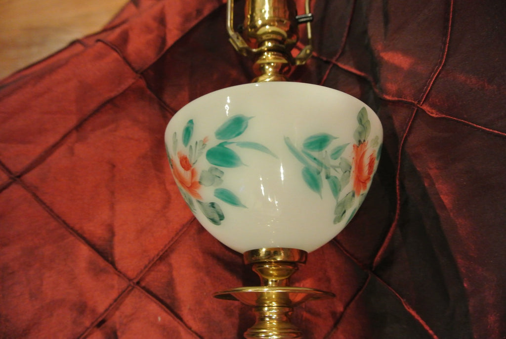 Vintage Brass White Milk Glass Hand Painted Lamp Marble Base