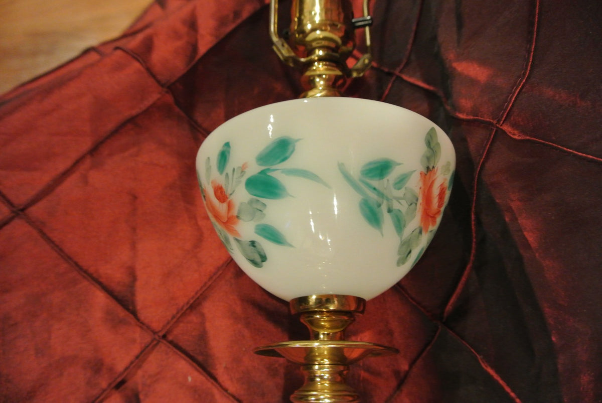 Vintage Brass White Milk Glass Hand Painted Lamp Marble Base