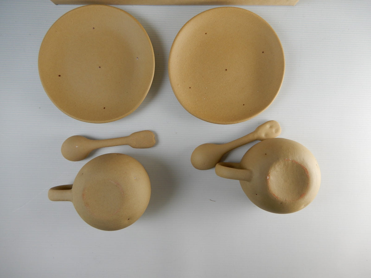 Vtg 1980s Ceramic Japan Kato Kogei Potato Kun Set of Two Cups,Saucers and Spoons