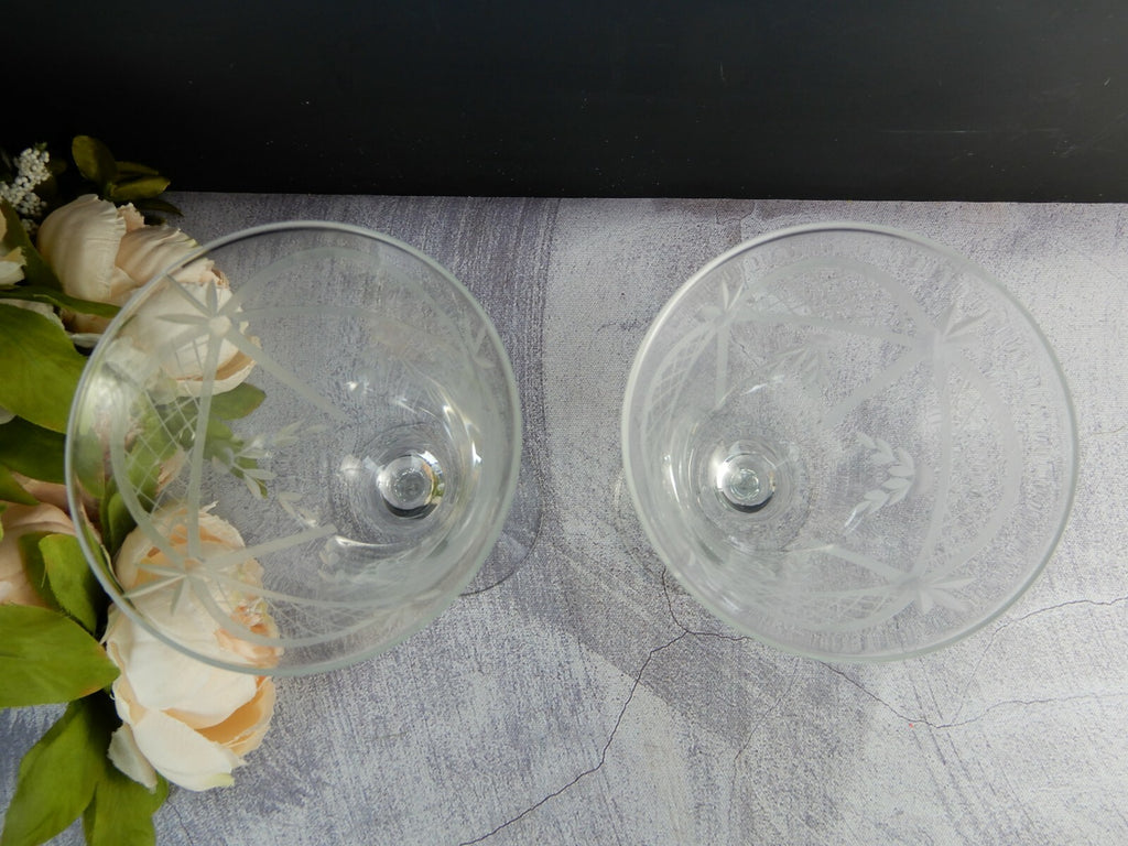 Set of 2 Vintage Long Stem Etched Water/Wine Glasses