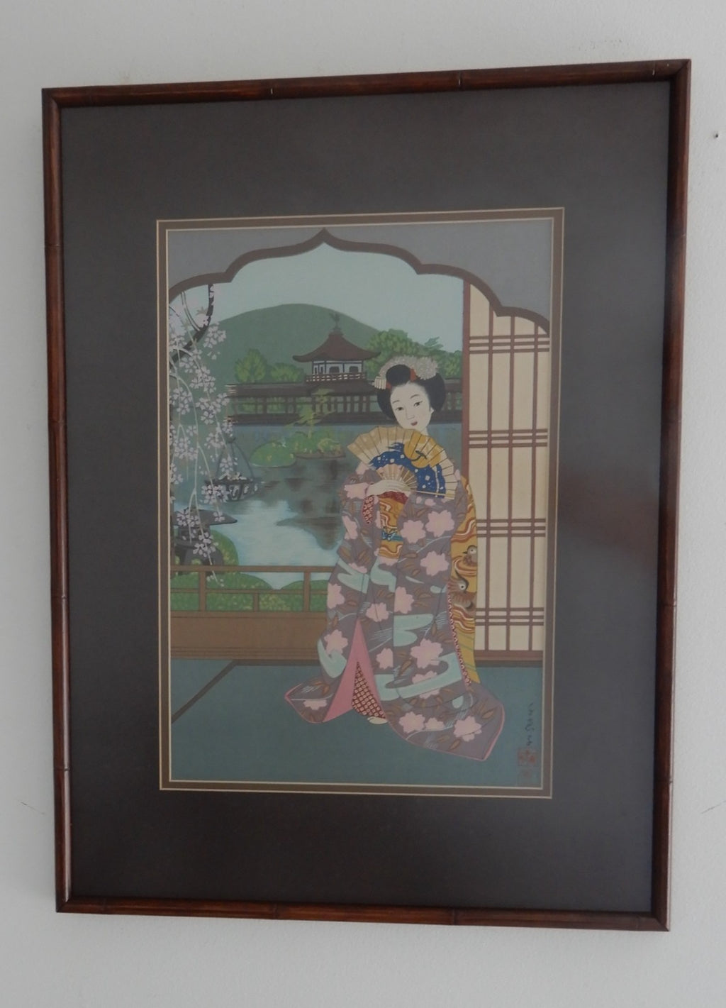 Vtg. Framed Maiko and Byodoin Print in Fuki-bokashi Woodwork Japanese Technique