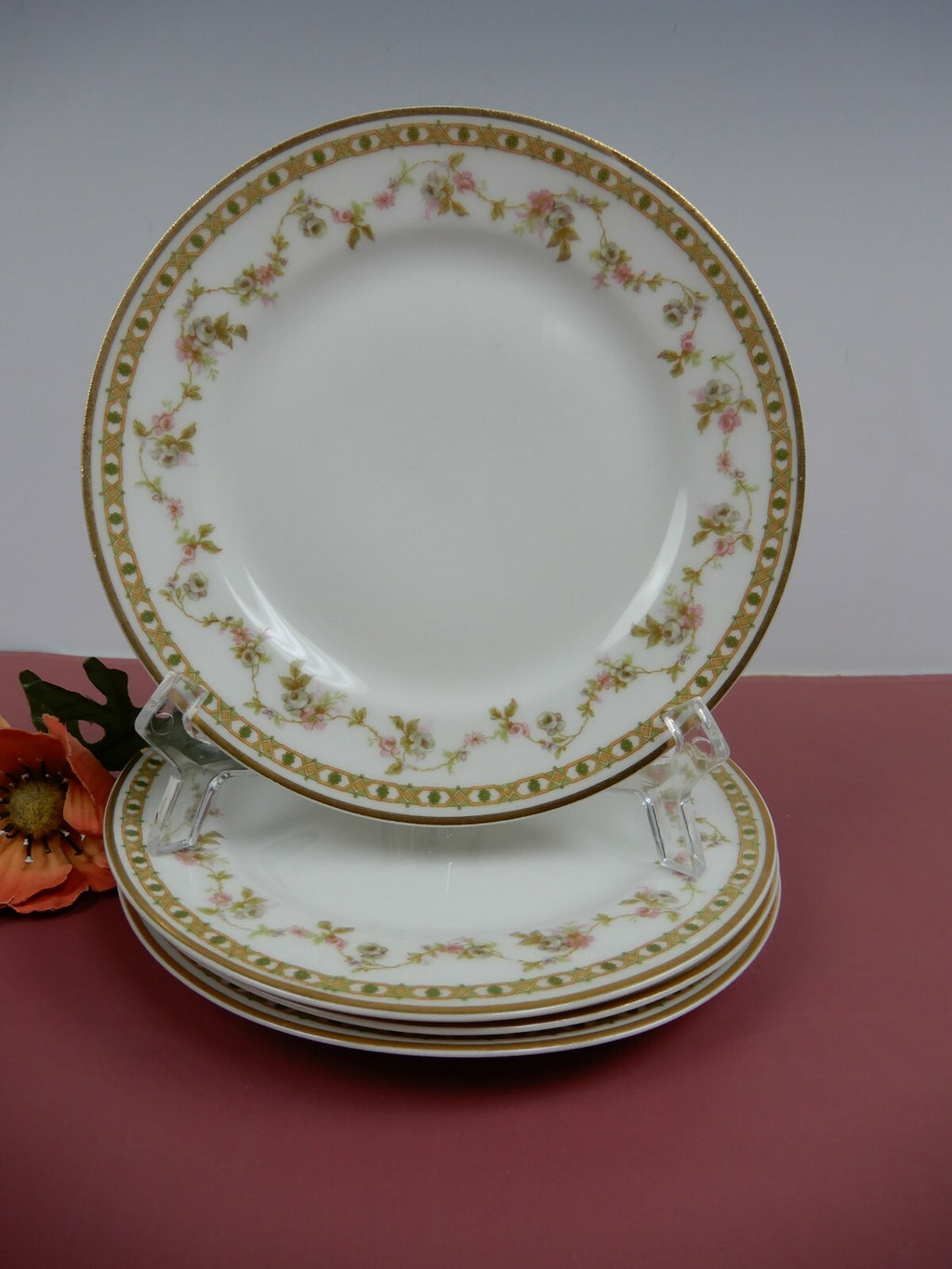 Theodore Haviland Limoges France Set of 4 Pink Roses B/B Plates w/ Gold Trim