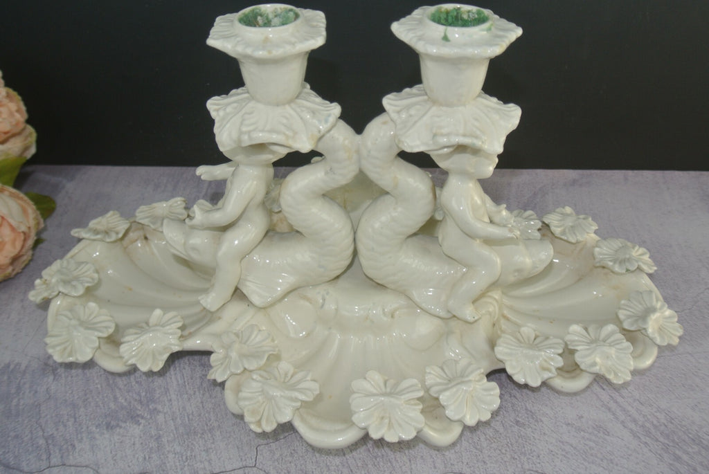 Ceramic Double Candlebra Clamshell Base Baby Cherub Babies Sitting on Dolphins