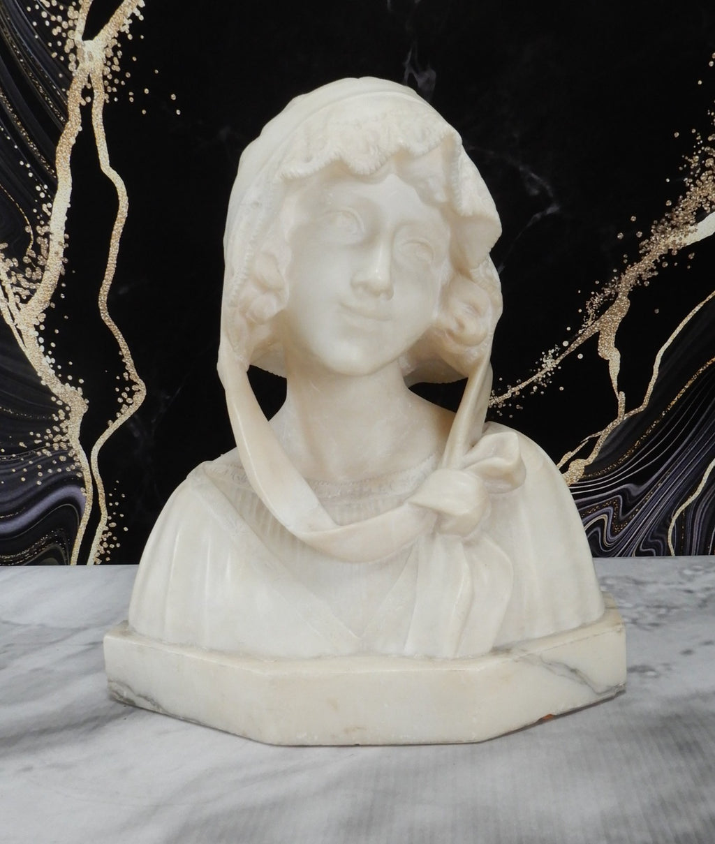 Alabaster Marble Bust Statue Young Woman Signed Stiaccini Florence Italy 10.5"H