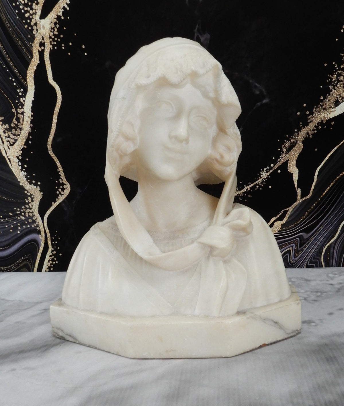 Alabaster Marble Bust Statue Young Woman Signed Stiaccini Florence Italy 10.5"H