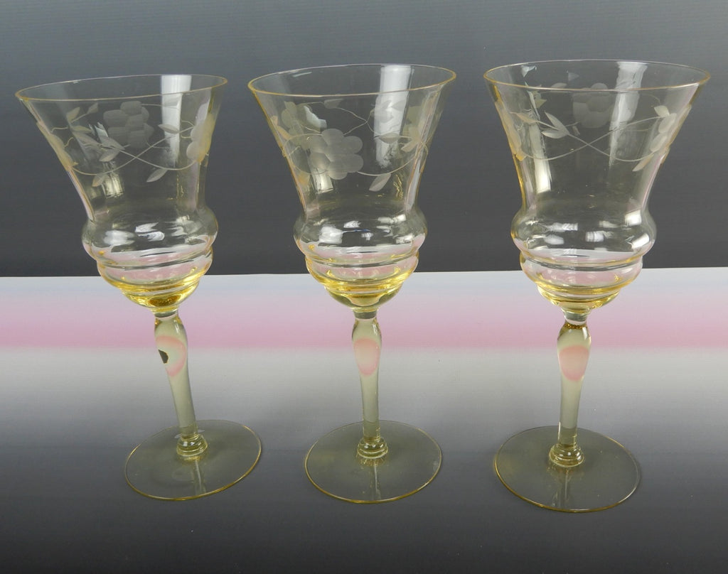 (3) Vintage West Virginia Glass Specialty Etch Optic Yellow Water Wine Goblets