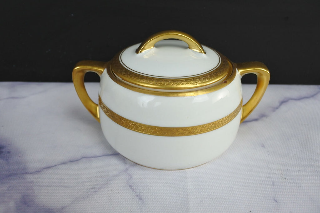 Vintage Pickard White and Gold Rims Porcelain Cream And Sugar Bowl