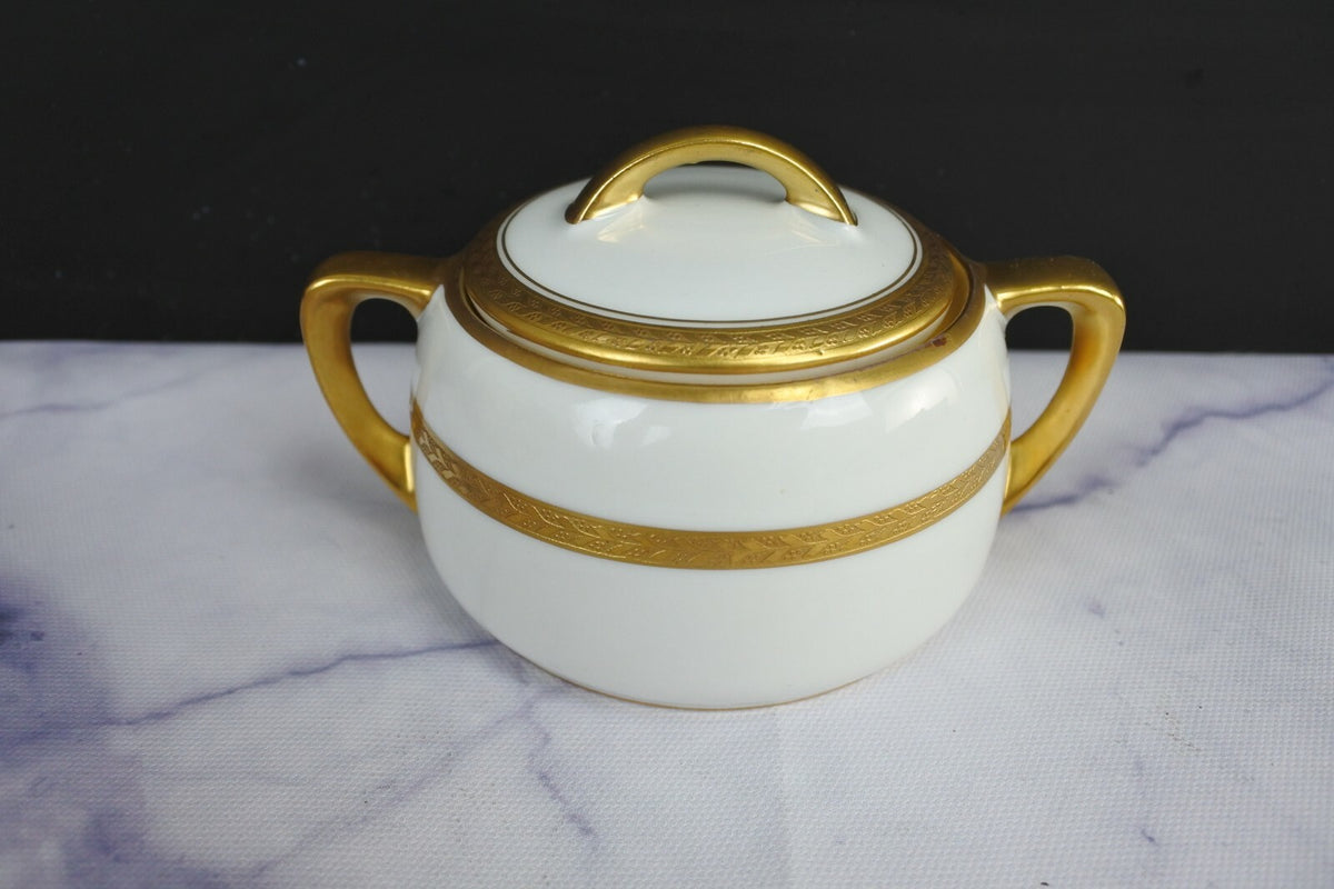 Vintage Pickard White and Gold Rims Porcelain Cream And Sugar Bowl