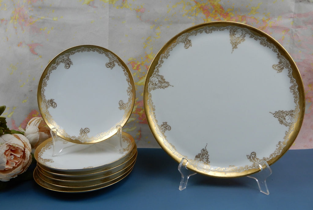 Antique Haviland France Gold Rim Cake Plate and 6 Dessert Plates