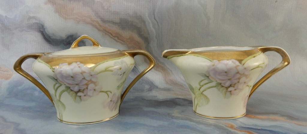 RS Germany Hand Painted Porcelain Sugar Bowl and Creamer Signed By The Artist