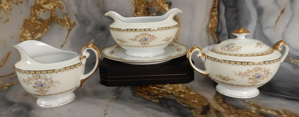 Vintage Royal Embassy China "Fresno" Gravy Boat,Sugar Bowl and Creamer