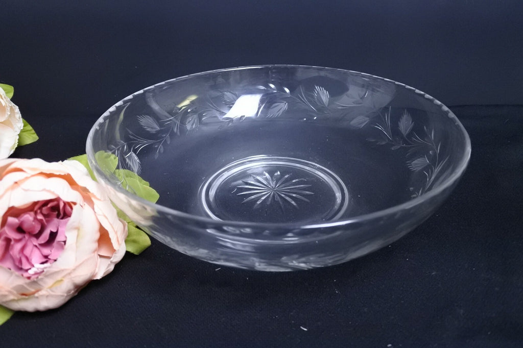 Vintage Glass Serving Bowl Etched Leaves Scalloped Rim