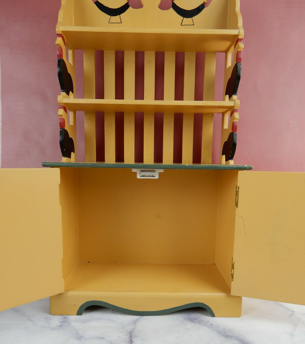 Vtge Small Wood Toy Plate Rack with 2 Shelves,2 Doors Hand Painted w/ Chickens