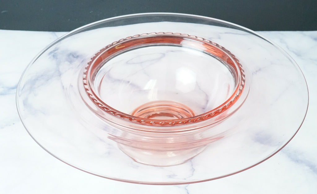 Vintage Pink Depression Glass Center Bowl Ribbed Rim 12.5'' Home Decor