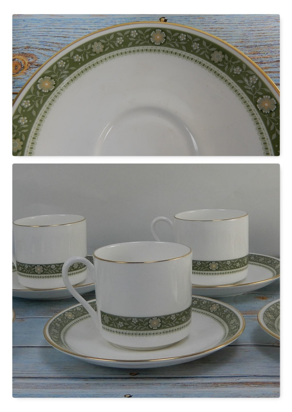 Royal Doulton Rondelay Gold Green Band H5004 Set of 7 Espresso Cups and Saucers