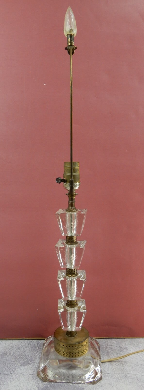 Vintage 28-7/8" Tall Etch Stacked Lucite and Brass Table Lamp