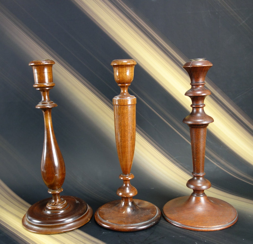 Set of 3 Vintage Wood Mid-Century Modern Candle Holders 12-3/8", 12", 11-5/8"