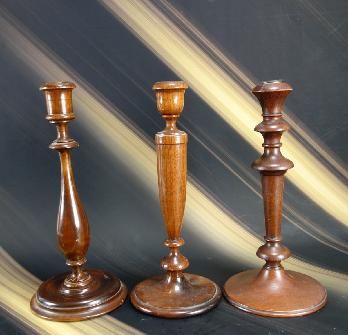 Set of 3 Vintage Wood Mid-Century Modern Candle Holders 12-3/8", 12", 11-5/8"