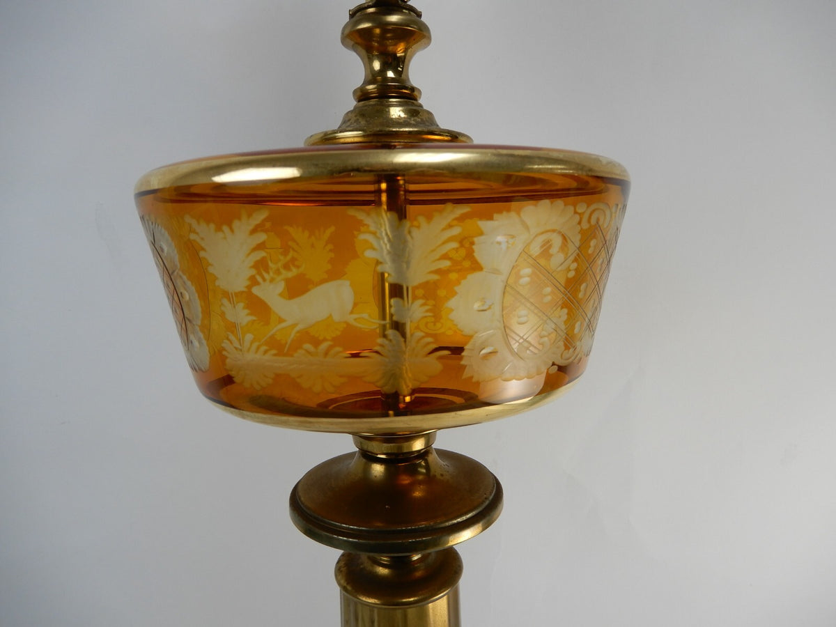 Vintage Czech Bohemian Amber Glass Etched W/ Brass Pilar Table Lamp Marble Base