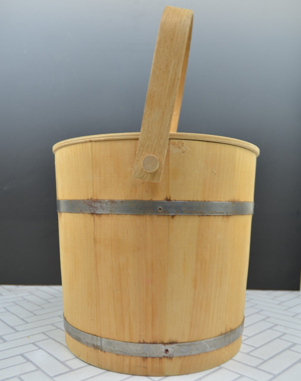 Vintage Metal-Banded Rustic Wooden Display Bucket with Lid 10-1/2" High