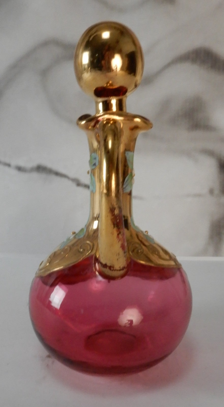 Vintage Glass Czech Bohemia Hand-Painted Red Cruet with Stopper