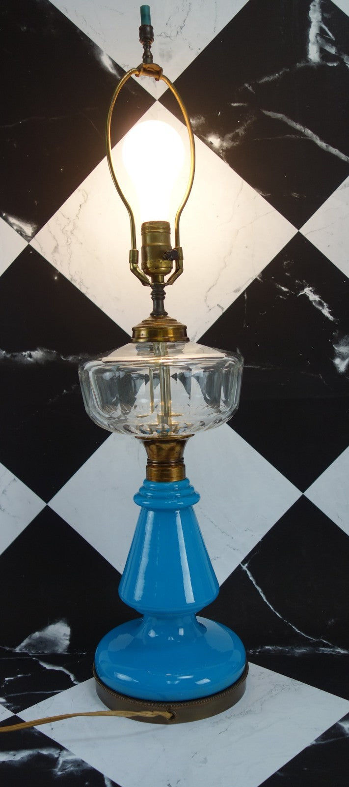 Vintage Turquoise Blue Opaline Glass Clear Top Glass Brass Base 3 Way Table Lamp