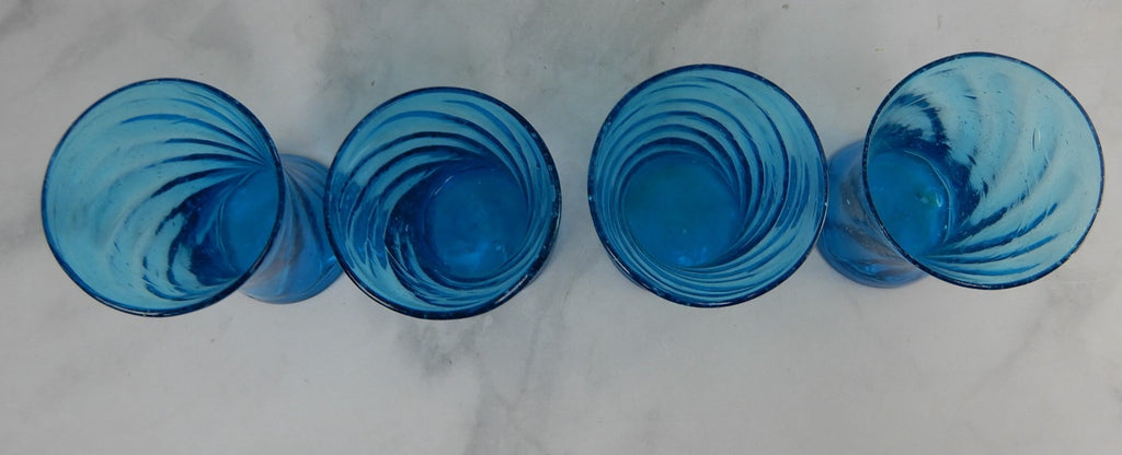 Vintage Avalos Mexican Tornillo Turquoise Hand Blown Pitcher and Four Glasses