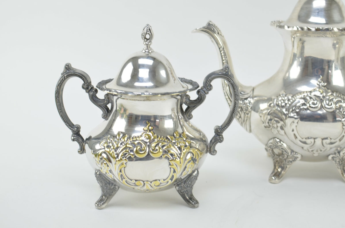 EPCA by Poole Silverplate Teapot #600 - Hand Chased Tea Pot,Sugar Bowl & Creamer