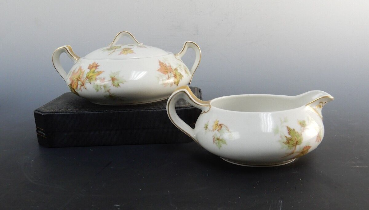 Vtg Haviland Limoges China "Autumn Leaf" Sugar Bowl, Creamer, c.1930