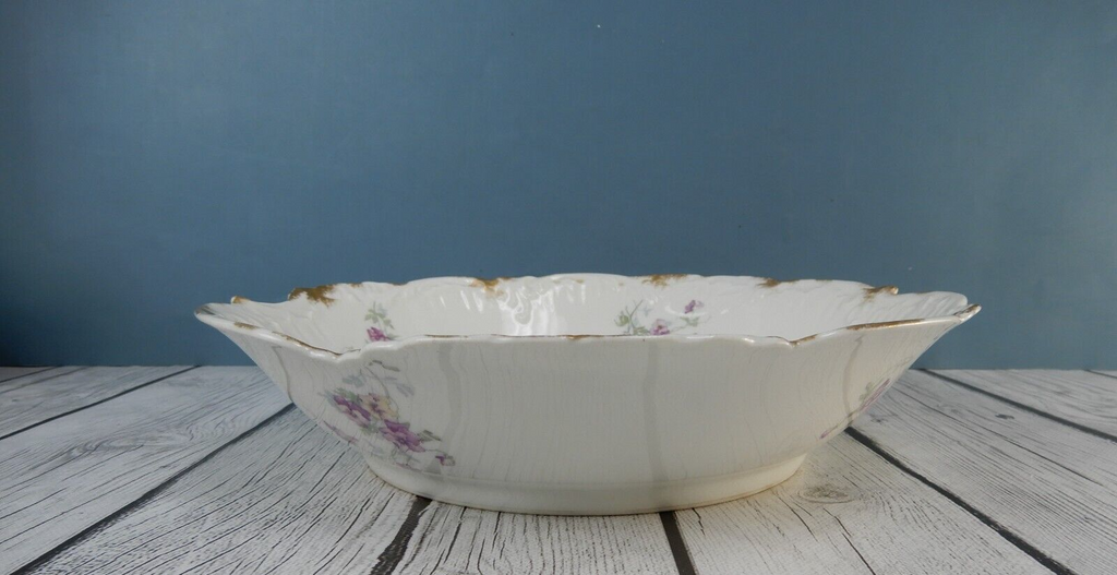 Antique  D & C Limoges France Serving Bowl Purple Scalloped Rim 10-1/4” D