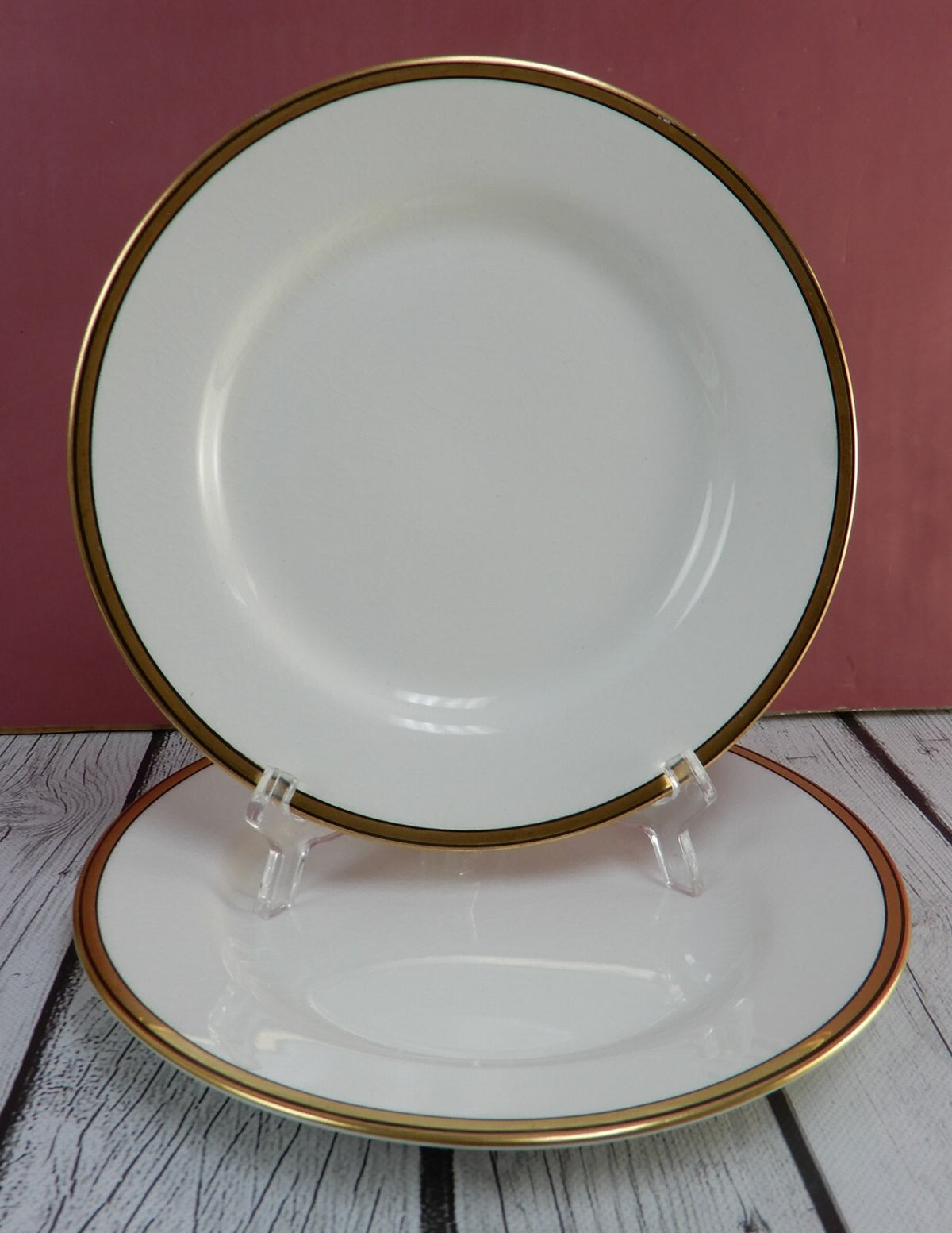 Lot of 6 Johnson Brothers England White Gold  and Black Rims 8" Salad Plates