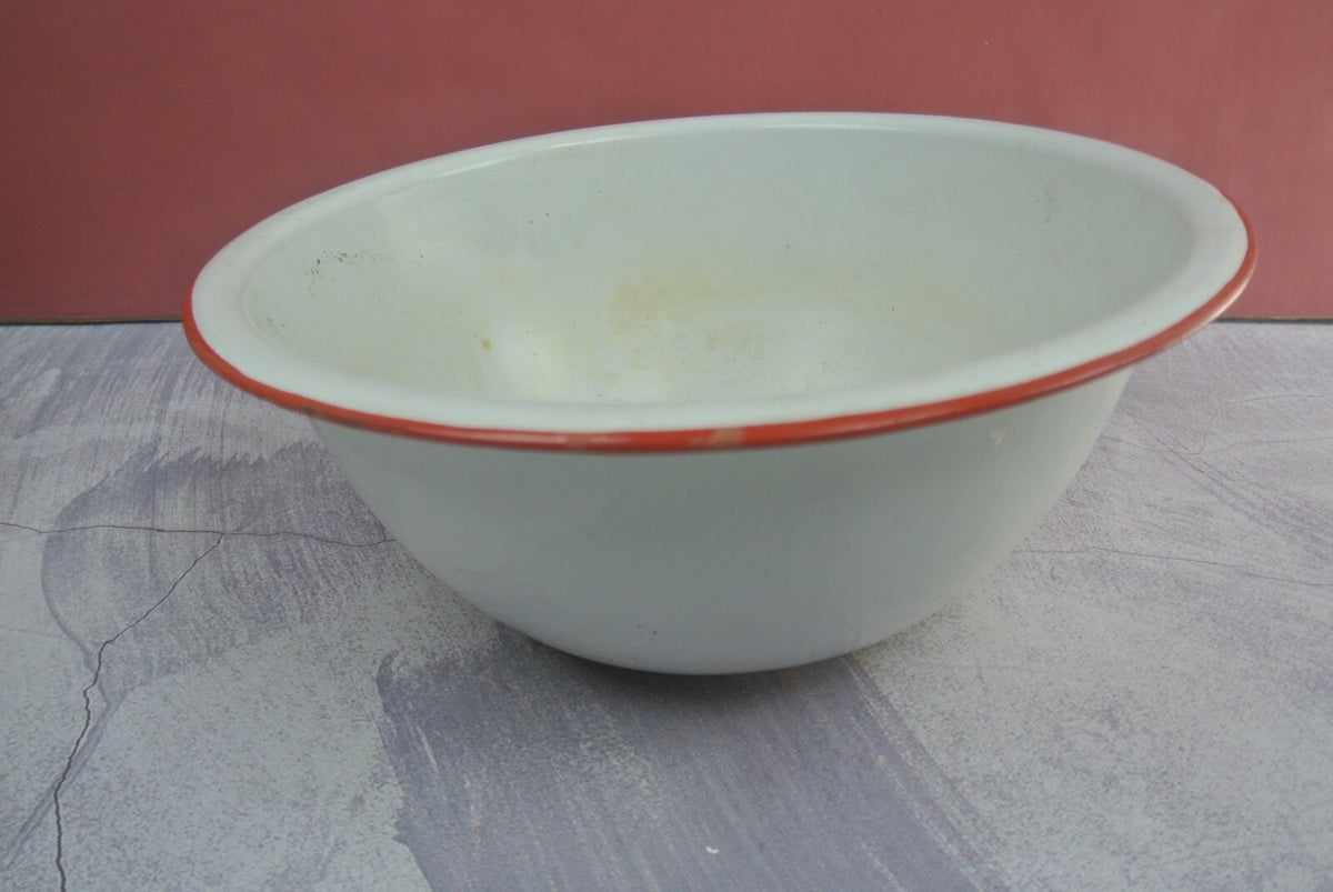 Pair Of Vintage Vintage White Black and Red Trimmed Enamelware As Is