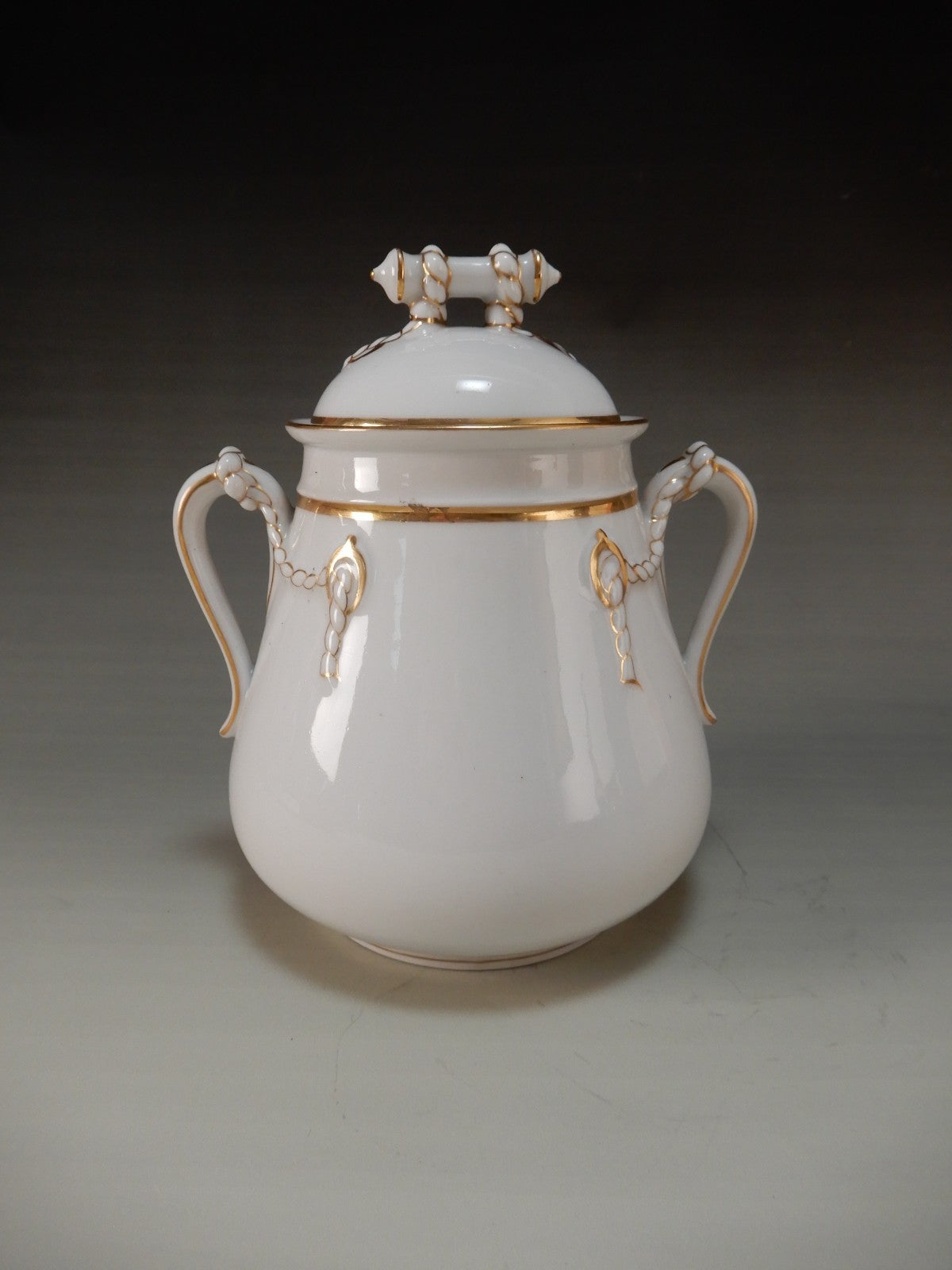 Antique H & Co. Limoges Rope Pattern w/Gold Rims 6-3/4" High Oversize Sugar Bowl