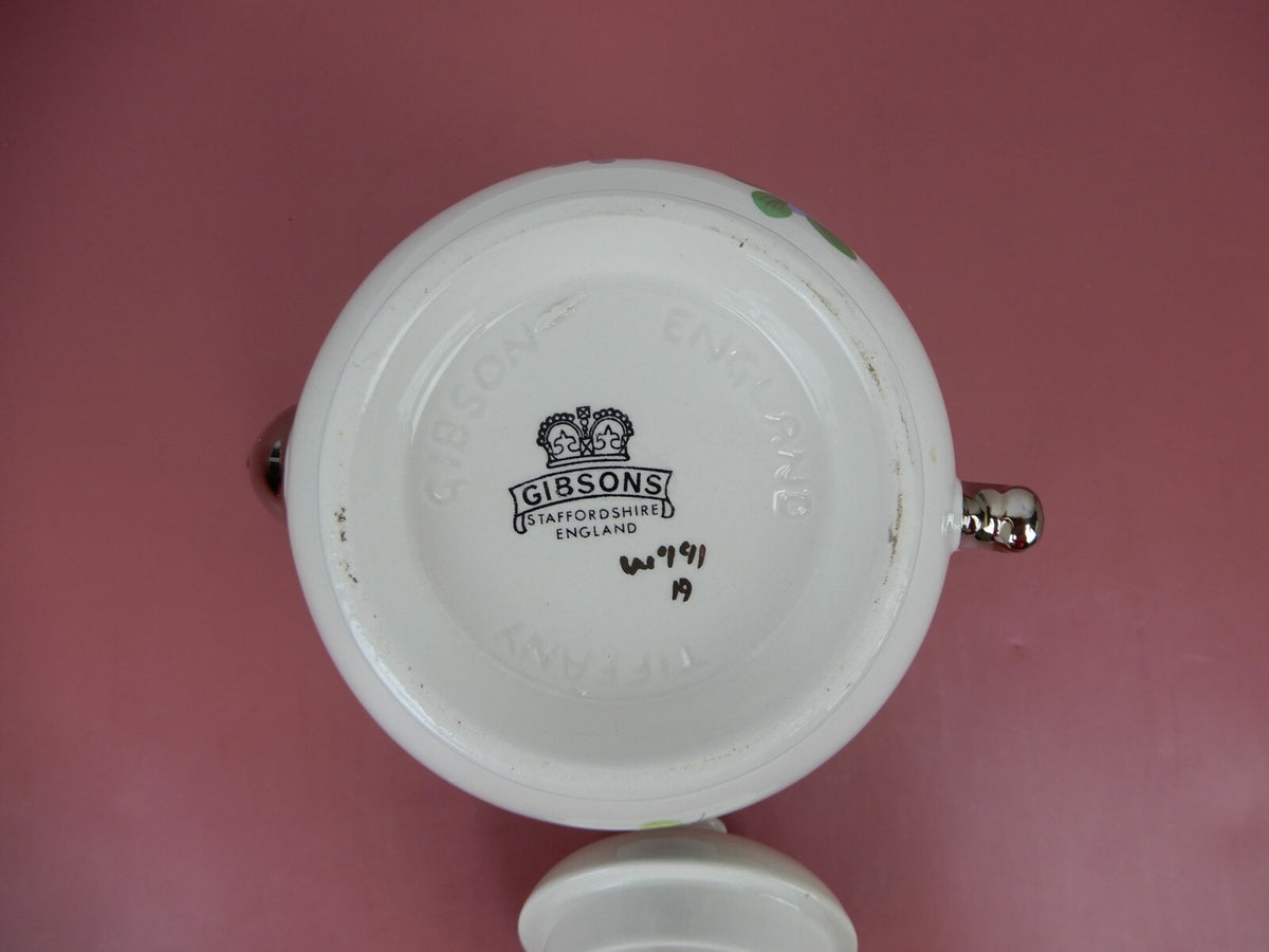 Vintage Gibson Staffordshire Tiffany Teapot Silver Trim, Floral Design