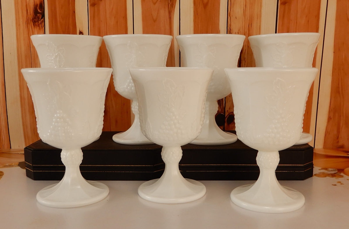 Vintage Set of 7 Indiana Colony Milk Glass Opaque White 8 oz Goblets