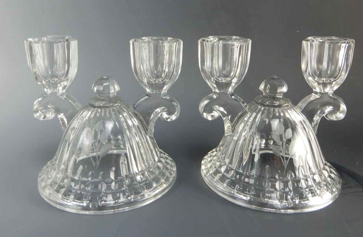 Pair of Imperial Glass Ohio Double Light Candle Holders Etched