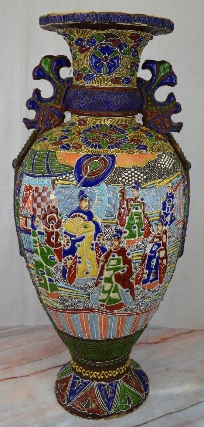 Antique c. Meiji Japanese Moriage Satsuma Detail Handpainted Vase,25" Tall