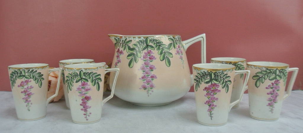 Vintage JE-OH China Lemonade/Cider Pink Floral Pitcher with 6 Cups