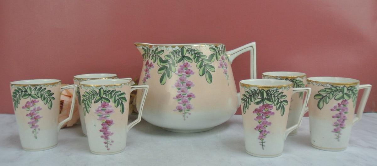 Vintage JE-OH China Lemonade/Cider Pink Floral Pitcher with 6 Cups