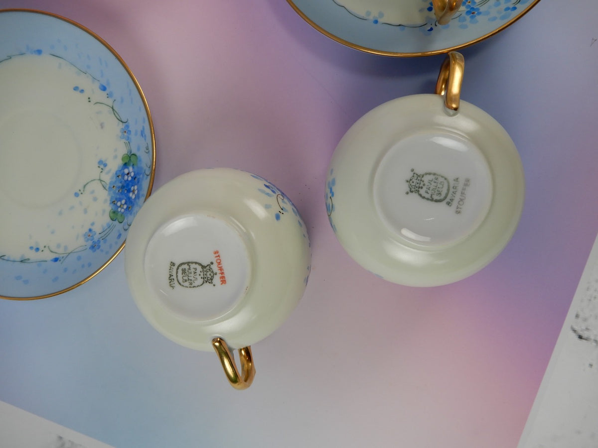 4 Pc. Paul Muller Selb Stouffer Hand Decorated Blue Forget Me Not~ Cups &Saucers
