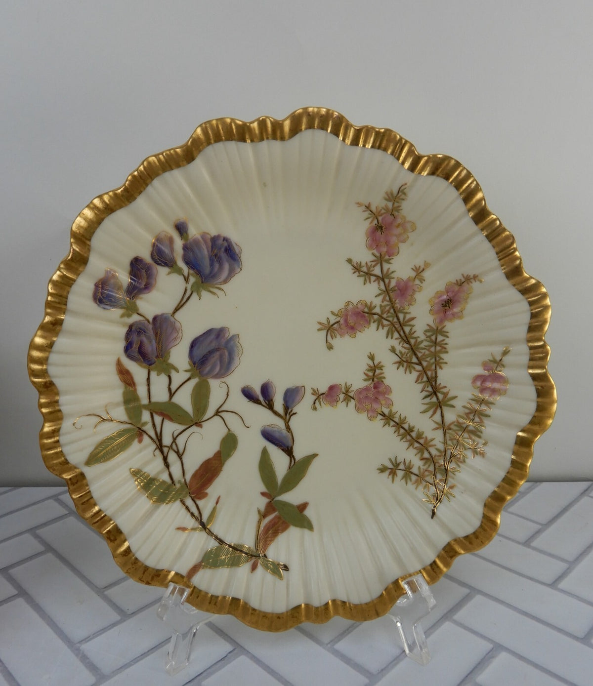 Ca.1888 Royal Worcester Porcelain Blush Ivory Floral Hand Painted Plate