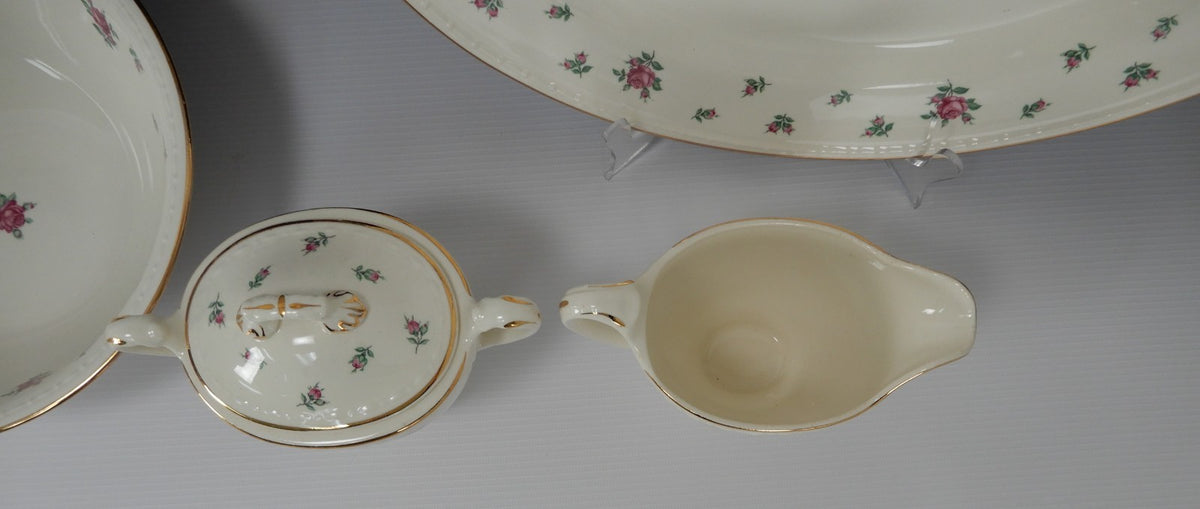 Vtg. Homer Laughlin Eggshell Georgian Rambler Rose Platter, Bowl,Sugar & Creamer
