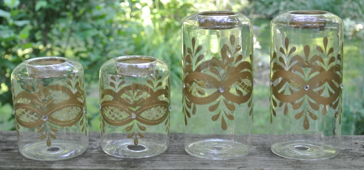 Vintage Set of 4 Glass Hand Painted Tea Light Candle Holders
