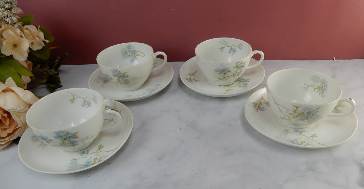 Antique Limoges A. Lanternier France Porcelain Blue Floral 4 Cups and Saucers